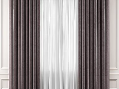 White Sheer and Dark Brown Thick Layered Curtains for Living Room Window Decor 3d model