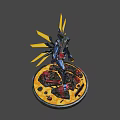 Game Movie Robot Character with Blue Armor Glowing Eyes Holding Weapon and Yellow Light Beams