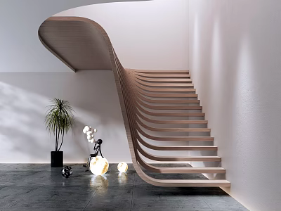 Modern Curved Wooden Staircase With White Walls Black Floor Potted Plant And Decorative Items 3d model