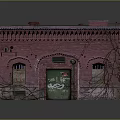 Detailed Red Brick Building Model Covered With Vines Green Roof And Graffiti Door