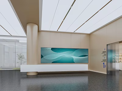 Modern Hotel Lobby Interior With Blue Wave Artwork Beige Walls And Dark Flooring 3d model