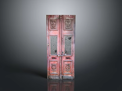 Antique Red Wooden Door With Intricate Carved Patterns And Metal Grilles 3d model