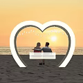 Romantic Heart Shaped Playground Equipment With Bench And Hanging Lights At Beach Sunset