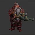 Game Movie Dwarf Character With Long Beard Red Brown Armor And Large Mechanical Gun