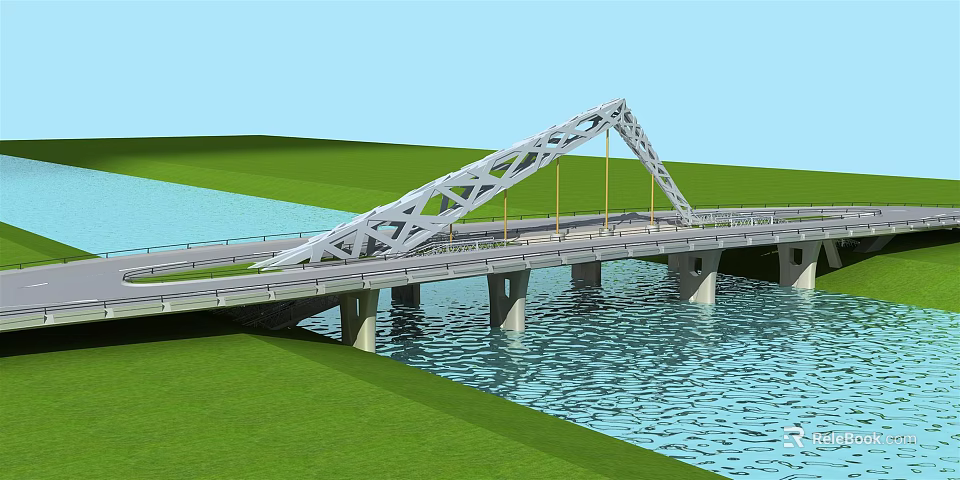 Modern Curved Steel Structure Bridge Over Water With Concrete Piers And Green Grass 3d model 