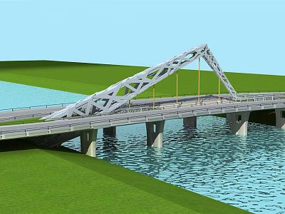 Modern Curved Steel Structure Bridge Over Water With Concrete Piers And Green Grass 3d model