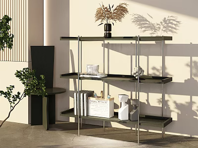 Modern Metal Shelving Unit In Living Space With Books Decorative Vase And Shadow Details 3d model