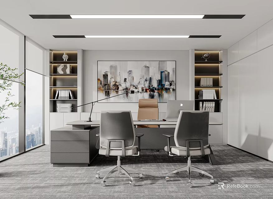 Modern Office Interior Design With Desk Two Chairs Mac Computer And City View 3d model