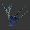 3D Blue Dragon Model with Horns and Wings Standing on Dark Background