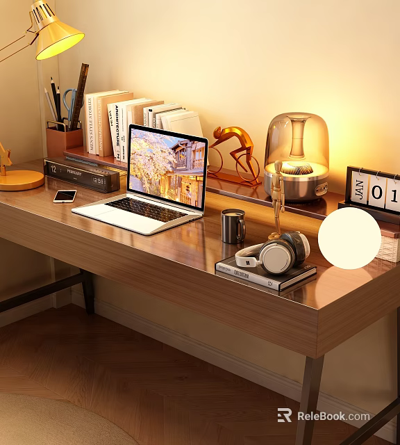 Elegant Decorative Ornament Set with Laptop Lamp Headphones and Books on Wooden Desk 3d model 