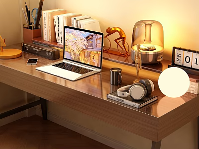 Elegant Decorative Ornament Set with Laptop Lamp Headphones and Books on Wooden Desk 3d model