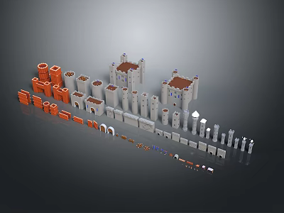 Architectural Building Models Showcasing Various Tower Designs And Colored Wall Components 3d model