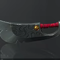 Ornate Metal Axe With Wavy Pattern Blade Red Wrapped Handle And Golden Accent