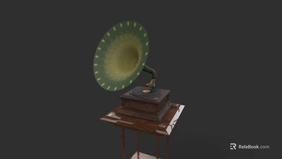 Detailed Handcrafted Gramophone Sculpture Carving with Green Horn on Wooden Stand 3d model 