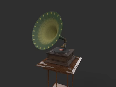 Detailed Handcrafted Gramophone Sculpture Carving with Green Horn on Wooden Stand 3d model