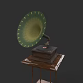 Detailed Handcrafted Gramophone Sculpture Carving with Green Horn on Wooden Stand