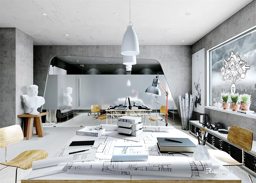Modern Public Office Space With Blueprints On Desk Statues Desk Lamp And Plants By Window 3d model 