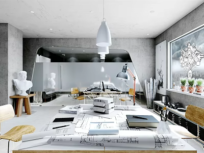 Modern Public Office Space With Blueprints On Desk Statues Desk Lamp And Plants By Window 3d model