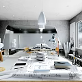 Modern Public Office Space With Blueprints On Desk Statues Desk Lamp And Plants By Window