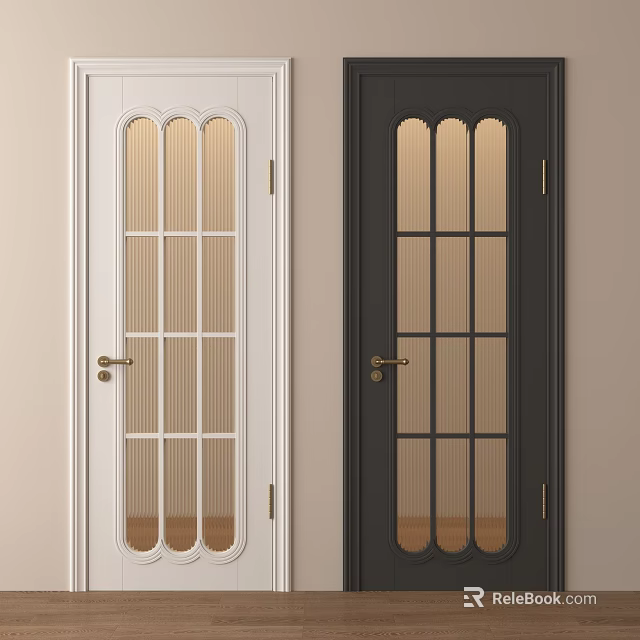 Modern Interior Flush Doors With White And Black Frames Striped Glass And Gold Handles 3d model 