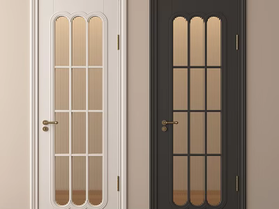 Modern Interior Flush Doors With White And Black Frames Striped Glass And Gold Handles 3d model