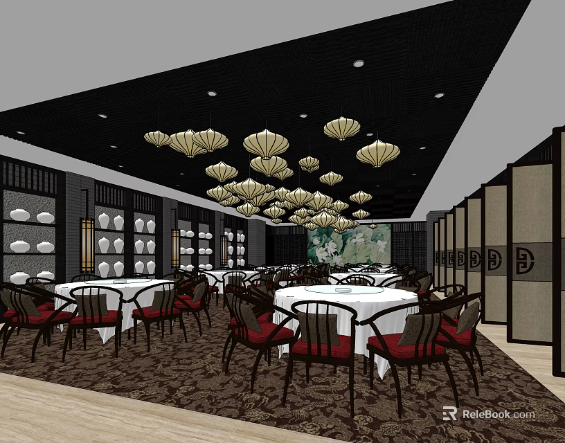 Chinese Restaurant Interior With Hanging Lanterns Round Tables Partition Screens And Tableware Display Shelves 3d model 