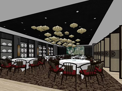 Chinese Restaurant Interior With Hanging Lanterns Round Tables Partition Screens And Tableware Display Shelves 3d model