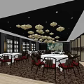 Chinese Restaurant Interior With Hanging Lanterns Round Tables Partition Screens And Tableware Display Shelves