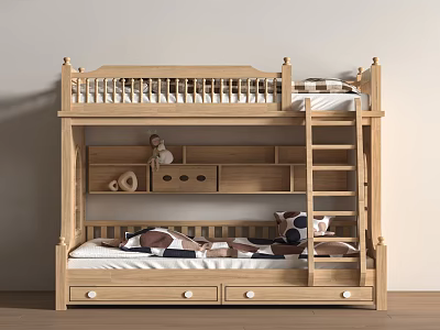 Wooden Bunk Bed With Ladder And Storage Drawers For Kids Room Interior Design 3d model