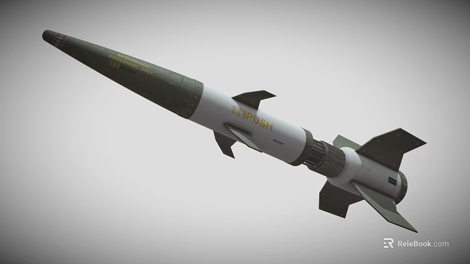 Green And White Missile With PUSH Lettering And Rear Fins Structure Design 3d model 