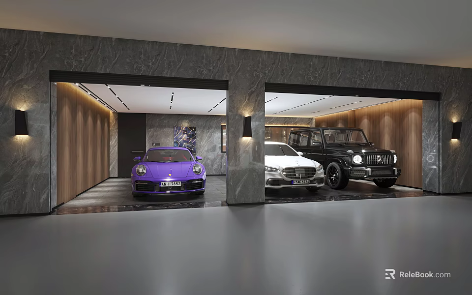Modern Luxury Parking Garage With Elegant Marble Walls Lighting And Luxury Cars 3d model 