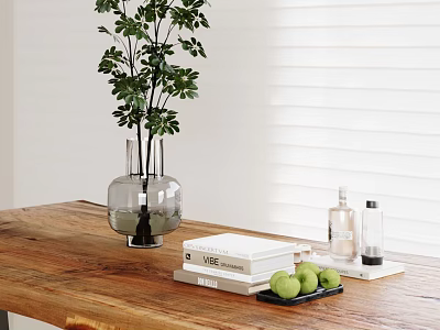 Indoor Decorative Vase with Green Plants on Wooden Table with Books and Green Apples 3d model