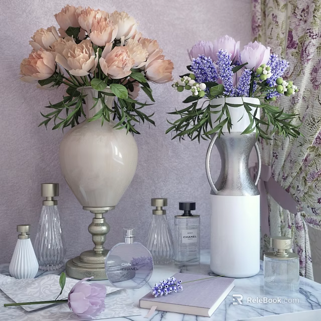 Beige Gold Vase With Light Pink Flowers And Silver White Vase Purple Lavender Blooms 3d model 