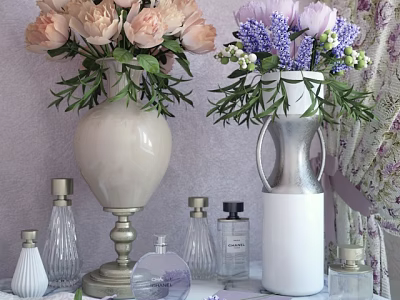 Beige Gold Vase With Light Pink Flowers And Silver White Vase Purple Lavender Blooms 3d model