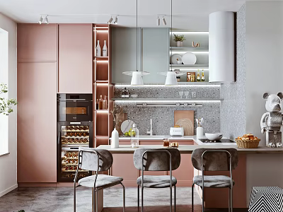 Modern Kitchen Interior With Rose Gold Cabinets Wine Storage Dining Table And Pendant Lights 3d model