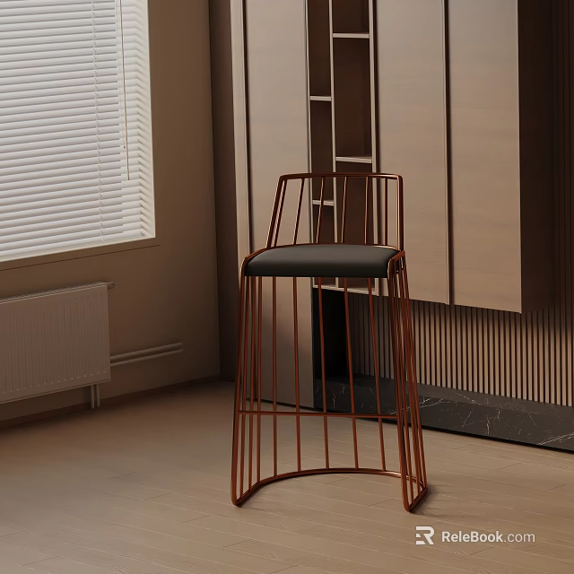 Modern Bar Stool With Copper Metal Frame And Black Leather Seat In Indoor Space 3d model 