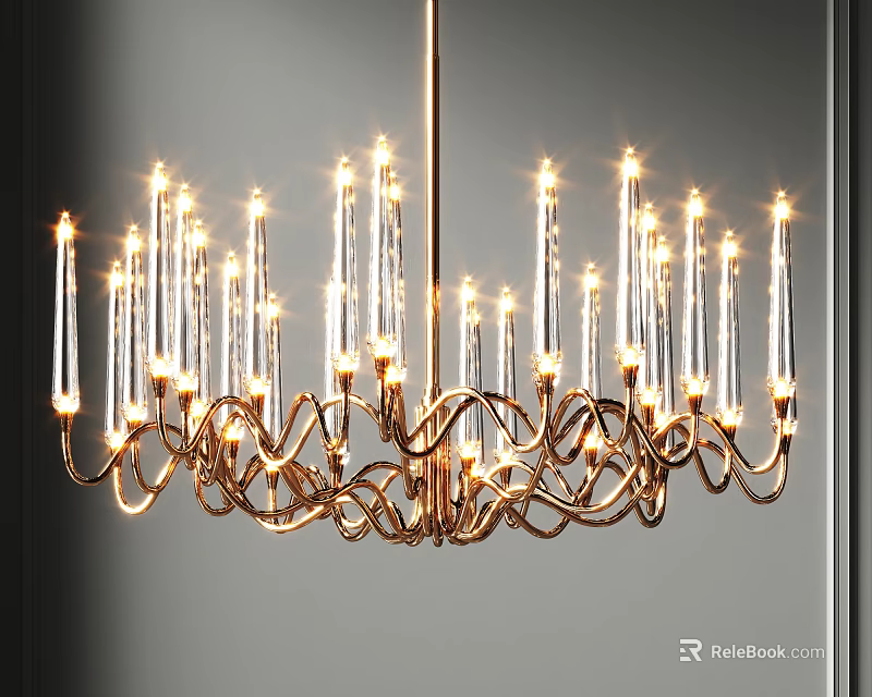 Elegant Modern Chandelier With Crystal Tubes Gold Metal Frame And Bright Lighting 3d model 