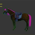Realistic Brown Horse With Leather Saddle And Blue Saddle Pad