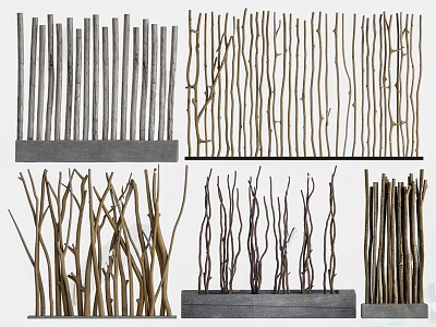 Various Design Room Dividers With Slender Wooden Sticks And Twisted Metal Rods 3d model