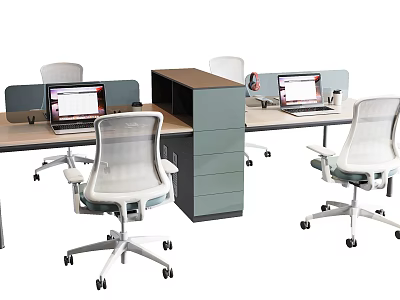 Modern Office Desks With Ergonomic White Chairs Laptops Storage Drawers And Dividers 3d model