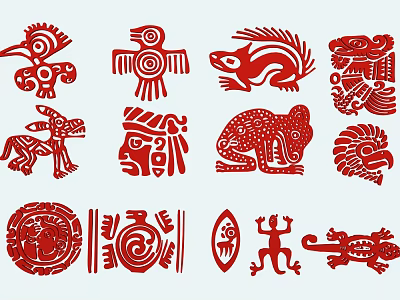 Traditional Tribal Style Red Wall Decor with Animal Motifs and Geometric Designs 3d model