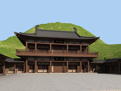 Traditional Ancient Chinese Architectural Building With Wooden Structure And Green Hills Background 3d model