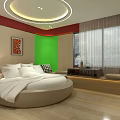 Hotel Guest Room Featuring Round Bed White Bedding Colorful Walls Wooden Flooring And Decorative Painting