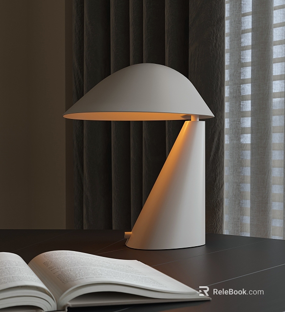 Modern White Table Lamp With Dome Shade Warm Yellow Light On Dark Wooden Table 3d model 
