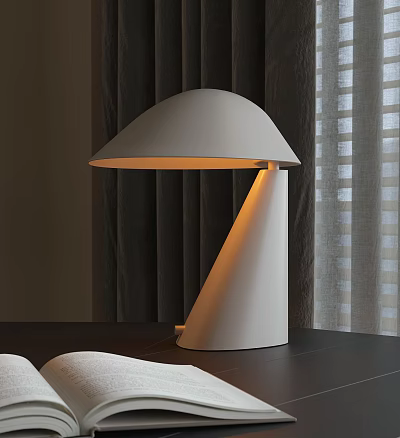 Modern White Table Lamp With Dome Shade Warm Yellow Light On Dark Wooden Table 3d model