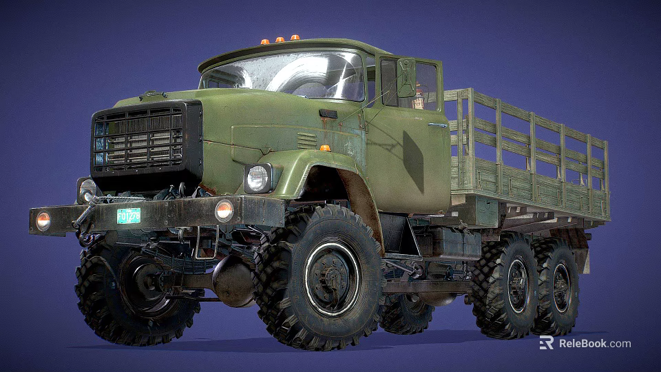 Military Green Off Road Truck With Large Tires Open Cargo Bed And Roof Lights 3d model 