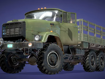 Military Green Off Road Truck With Large Tires Open Cargo Bed And Roof Lights 3d model