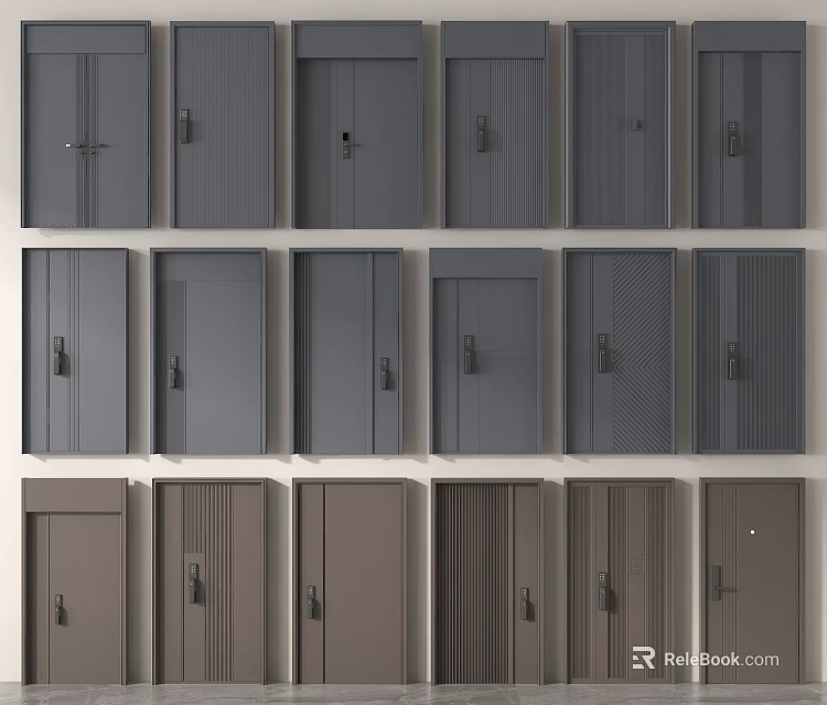Various Modern Home Security Doors With Different Panel Designs And Colors 3d model