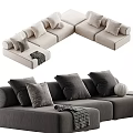 Modern Beige And Gray Sectional Sofa With Comfortable Pillows And Blanket 3d model