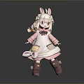 Woman in Cute Rabbit Ears Pink Dress with Apron Cartoon Style